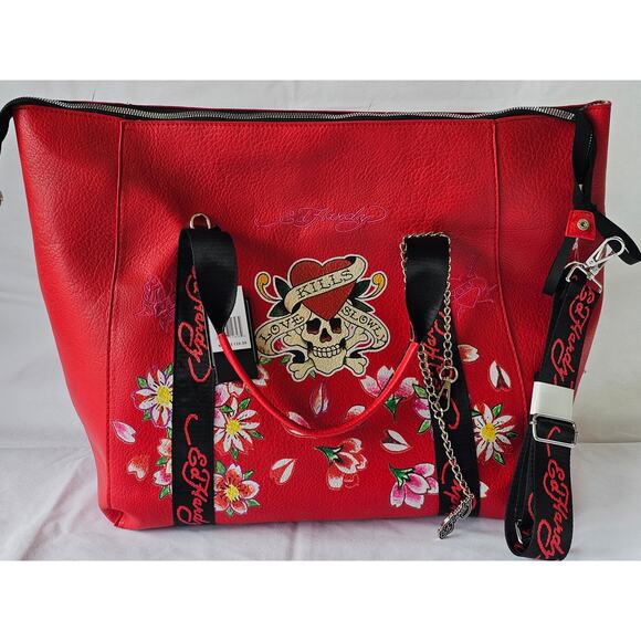 Ed Hardy Handbags - Ed Hardy Love Kills Slowly Large Weekender Duffle Travel Bag Red Faux Leather